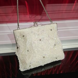 Vintage Beads Iridescent Sequins Small Purse Clutch Silver Hardware & Handle